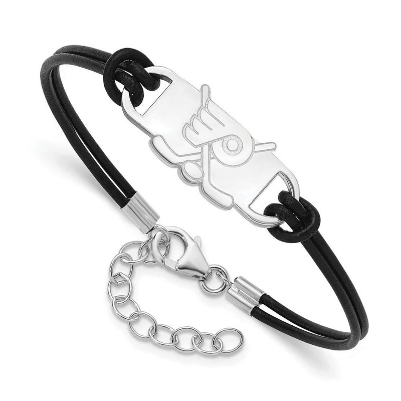 Sterling Silver Rhod-Plated Nhl Philly Flyers Leather Bracelet, 7 Inch